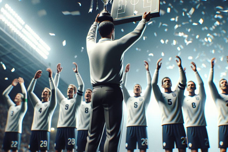 Финал Лиги наций: капитан с трофеем, тактическая доска, конфетти, стадион, вспышки, эмоции