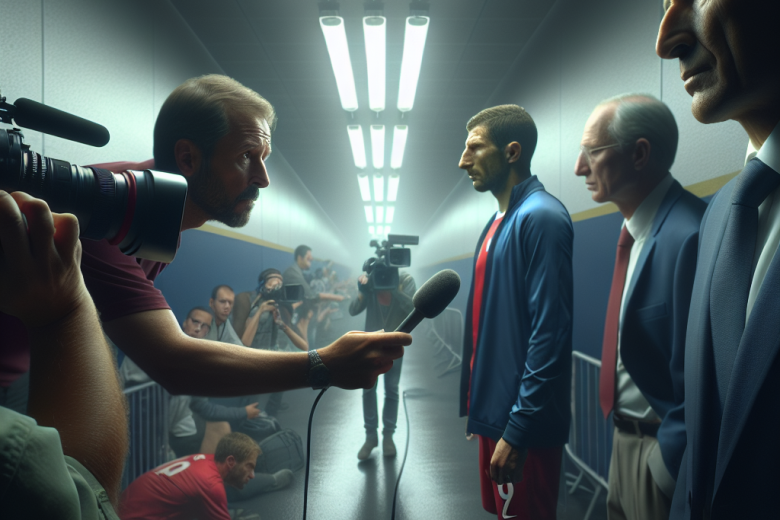 Post-match interviews with national team players and coaches in stadium corridor