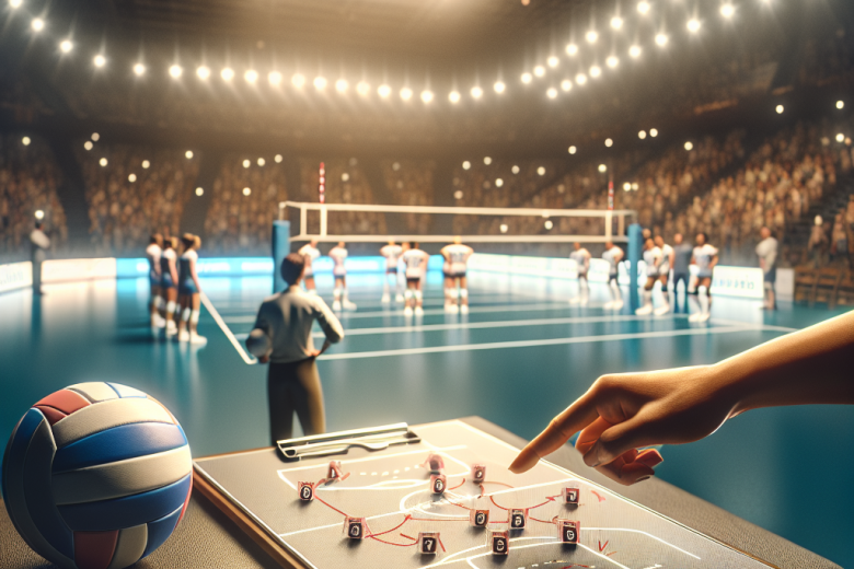 Превью финала волейбола: тактическая доска, напряжение, разминка команд в арене.